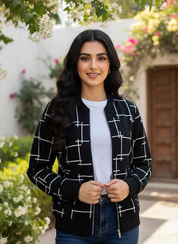 Girls' Black White Grid Pattern Jacket