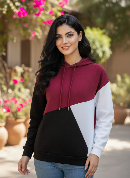 Maroon Black and White Cut and Sew Women's Hoodie