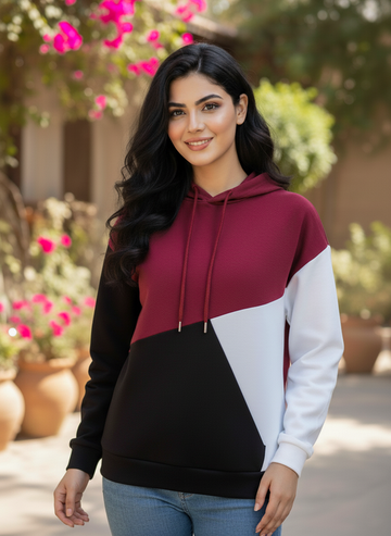Maroon Black and White Cut and Sew Women's Hoodie