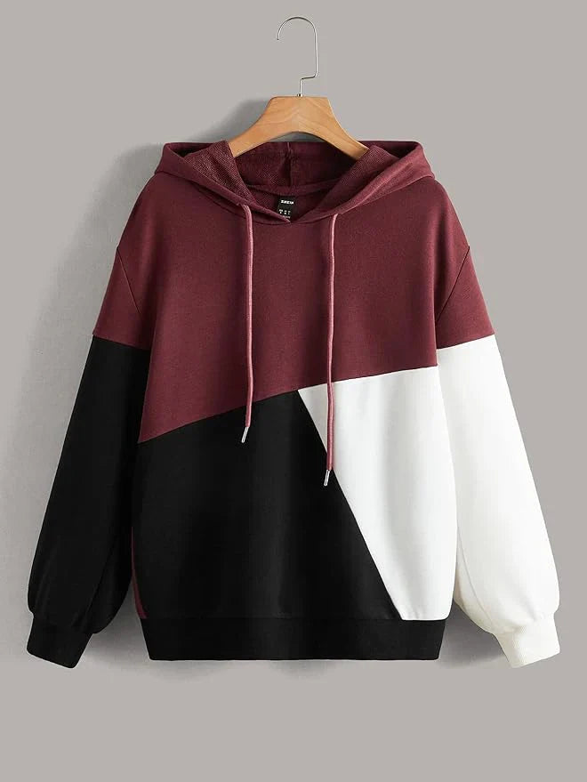 Maroon Black and White Cut and Sew Women's Hoodie