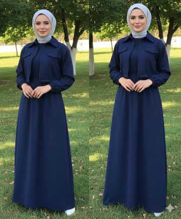 2-Piece Zipper Jacket & Long Frock Set -Blue