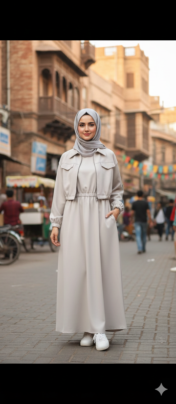 2-Piece Zipper Jacket & Long Frock Set -White