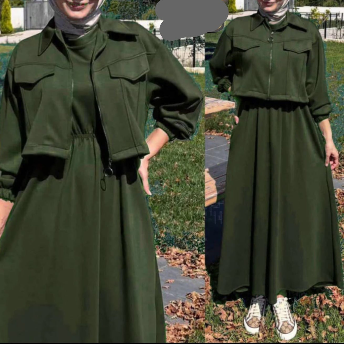 2-Piece Zipper Jacket & Long Frock Set -Green