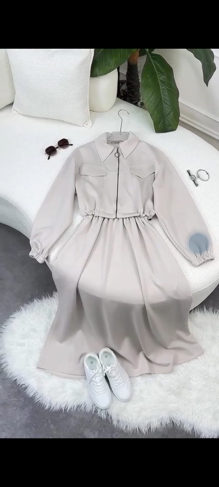 2-Piece Zipper Jacket & Long Frock Set -White