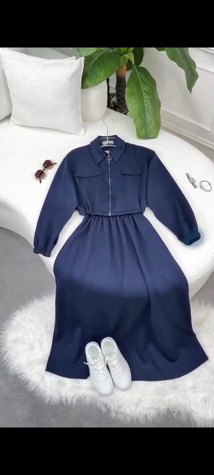 2-Piece Zipper Jacket & Long Frock Set -Blue