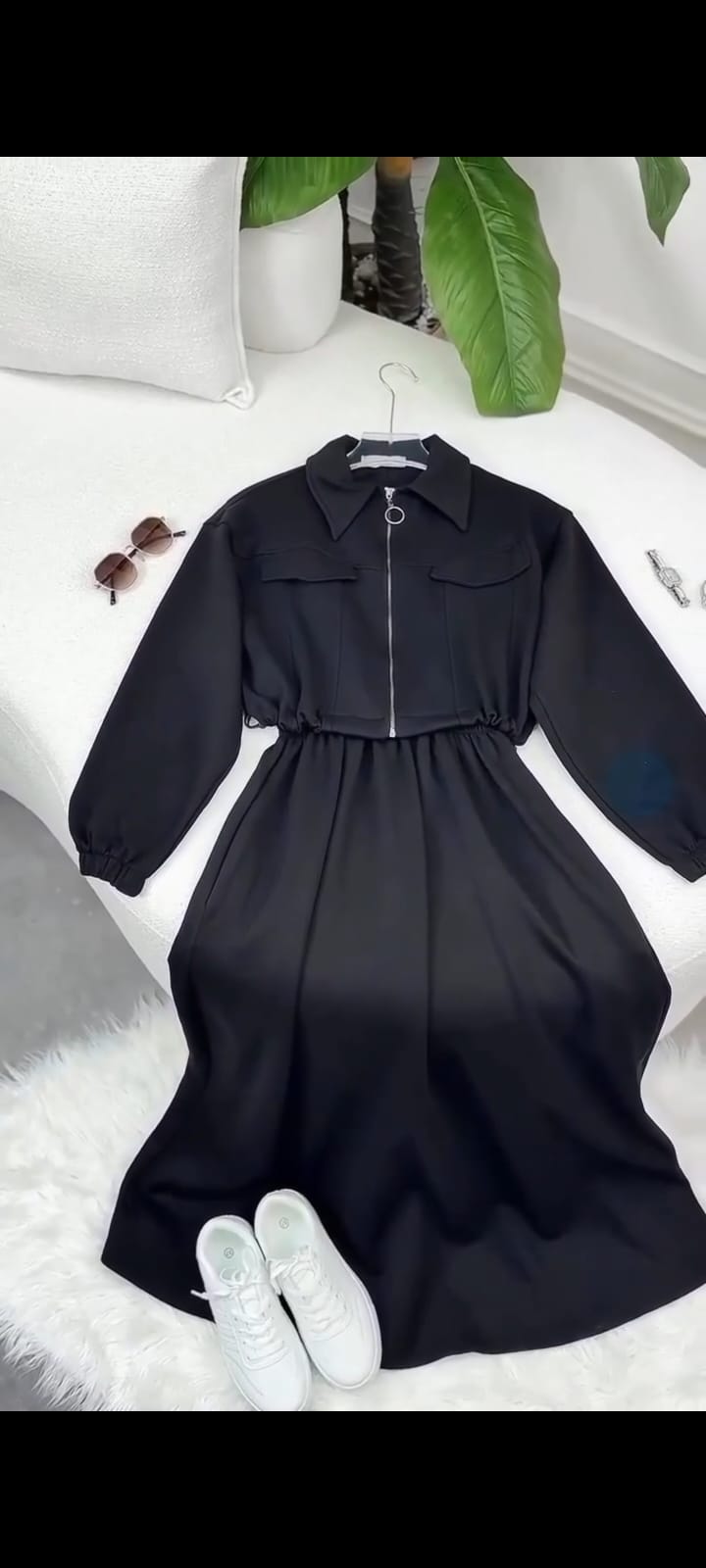 2-Piece Zipper Jacket & Long Frock Set -Black